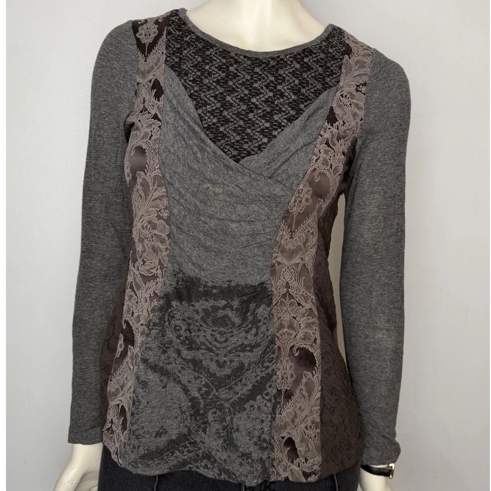ANVRDIE Lace Patchwork Sweater Fitted Long Slve Grey Whimsigoth Fairy Grunge S